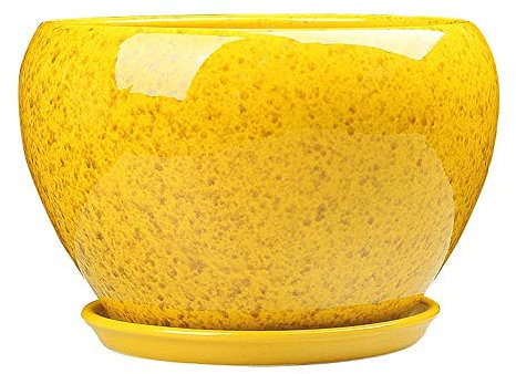 NICETOW Vaso de Flor Simples Estilo Chinês Esmalte Amarelo Flor Vaso de Cerâmica Vaso de Plantas Suculentas Grande com Bandeja Varanda Externa Vaso Respirável Vaso de Orquídea Exquisite (Tam