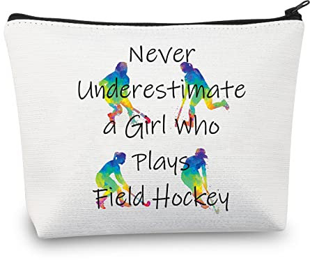 MEIKIUP Hockeyspieler Geschenke Feldhockey-Make-up-Taschen Reisetaschen Unterschätzen Sie nie ein Mädchen, das Feldhockey spielt, Feldhockeytasche für Mädchen