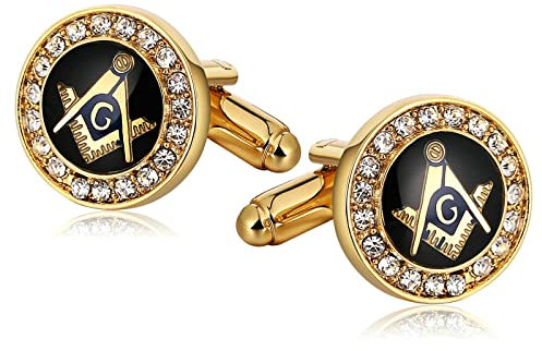 BCughia Manschettenknöpfe Herren, Manchettenknoepfe Gold Gold Rostfreier Stahl Weiß Rundschliff Zirkonia Cz Runde Freimaurer Geschäft 15x15mm