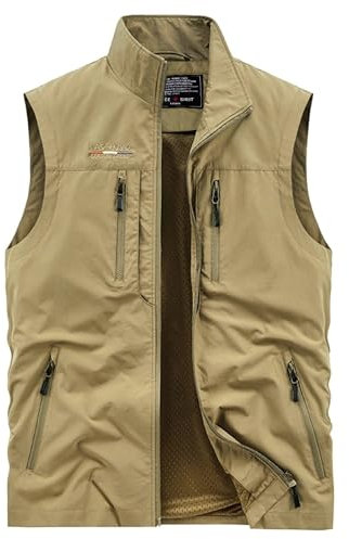 Oralidera Herren Outdoor Weste mit Vielen Taschen Anglerweste Safariweste Jagdweste Multifunktionsweste Freizeit Ärmellose Jacke Leicht Sommer Weste, Khaki, L