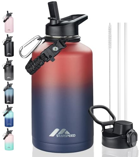 StarSpeed 64oz Insulated Water Bottle with Straws & 2 Lids, Half Gallon Stainless Steel Double Walled Vacuum Water Jug, Large Wide Mouth with Paracord Handle for Gym Camping Hiking, Red Blue