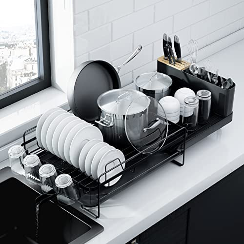 Kitsure Large Dish Drying Rack - Extendable Dish Rack, Multifunctional Dish Rack for Kitchen Counter, Anti-Rust Dish Drainers with Cutlery & Cup Holders 19.2-26.7 L x 12.9 W, Black