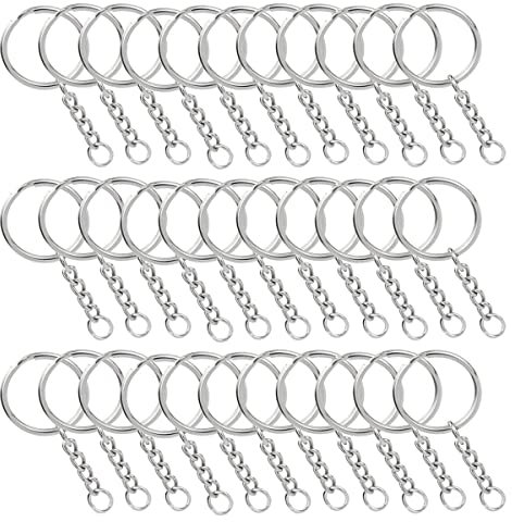 Anneau Porte Clé,Attache Porte Clé,100 Pièces Anneaux Porte Clés Avec Chaîne,Anneaux Porte Clés avec Chaîne 25 mm Attache Porte Clé, Anneaux Lot Métal Porte Clef et Anneaux Set
