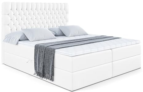 ALTDECOR Boxspringbett mit Matratze und Lattenrost, Boxbett, Topper, Polsterbett mit Bettkasten, Bett mit Stauraum H3-Matratze, Doppelbett, Springboxbett - Serene - 140x200 - Weiß Kunstleder
