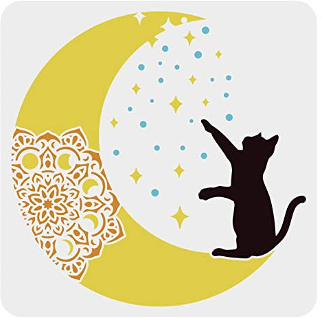 FINGERINSPIRE Pochoir Chat Lune 30x30cm Pochoirs de Peinture Étoile en Plastique Motif Chat Dessin Modèle de Peinture, Mandala Fleur Lune Pochoirs Découpe Pochoir Réutilisable pour Panneaux en Bois