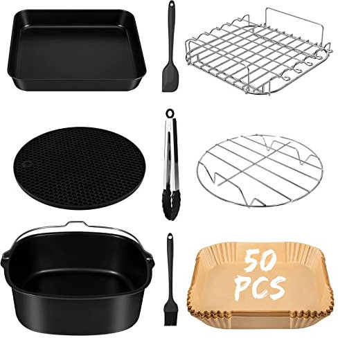 Heißluftfritteuse Zubehör, 9-teiliges Set, mit 50 Blatt Backpapier, Tablett Bürsten Clip Set, Universell Luftfritteusen Zubehör für die meisten Fritteusen ab 5,5L wie z.B. COSORI 5,5L