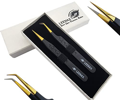Leenax 2 pinzette per extension per ciglia, con punta in fibra (antiscivolo), dritte e volumizzanti a 45 gradi, in acciaio inox giapponese, design a cuori (nero)