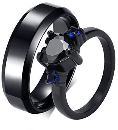 Beydodo Verlobung Ringe Edelstahl, Partnerringe mit Gravur Paar Ringe Set, Schwarz Ring mit Zirkonia Damen Gr.52 (16.6) + Herren Gr.65 (20.7)