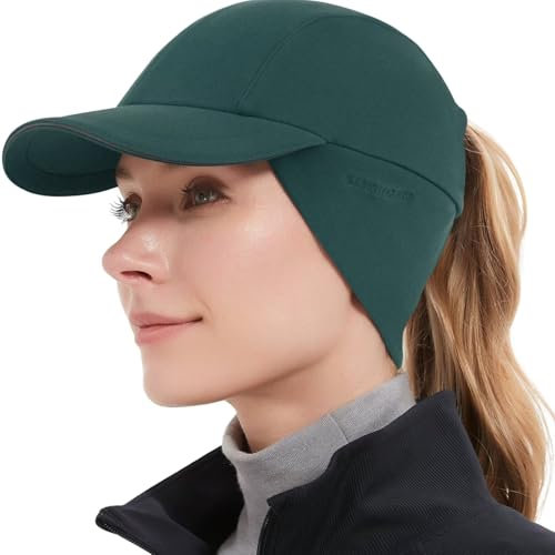 GADIEMKENSD Winter Fleece Hats Reflective Ponytail Hat for Women Baseball Caps with Earflap Drop Down Ear Warmer Mens Skull Cap Beanie with Visor Cold Hat for Outdoor Hiking Running Snow Dark Green