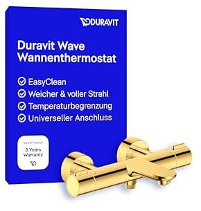 Duravit Wave Wannenarmatur Aufputz für 2 Verbraucher mit Umstellventil, Wannenthermostat mit Keramikmischsystem, Gold Poliert