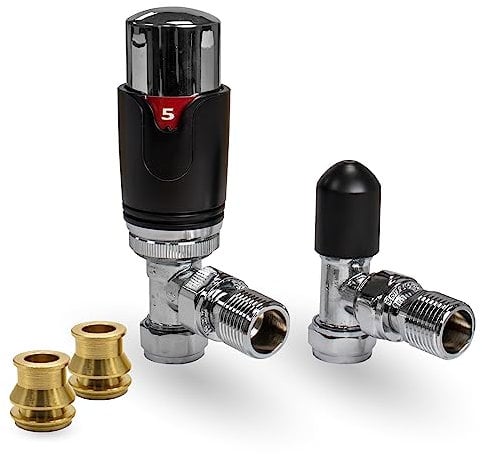 Thermostatic TRV Angled Black/Chrome Radiator Valves 1/2 x 15mm with Brass Radiator Reducer Compression Valve - 15mm to 10mm