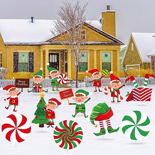 BBTO 12 Stück Weihnachtselfen Hofschilder Outdoor Rasen Dekorationen mit Pfählen Weihnachten Hof Ornamente Weihnachten Rasen Weg Gehweg Marker Dekorationen Garten Gehweg Winter Urlaub Dekorationen