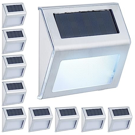 Relaxdays Solarlampen für Wand, 10er Set, Hauseingang & Garten, LED Außenleuchte, IP44, Edelstahl, weißes Licht, Silber