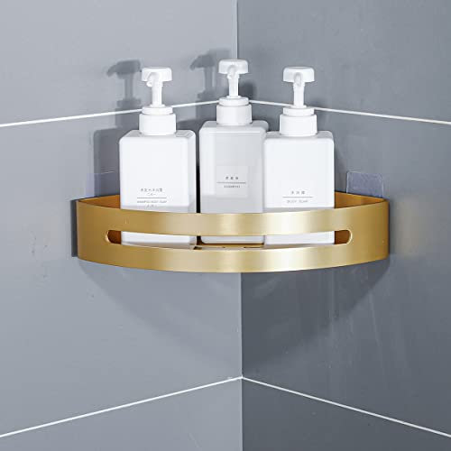 Brushed Gold Bathroom Corner Shelf Shower Organiser Triangle Shampoo Holder Adhesive or Drilling