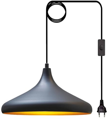 bamyum Champion Hängelampe Schwarz Weiß mit Stecker 35 cm, Pendelleuchte mit Stecker, Hängeleuchte Metall mit 450 cm Kabel Schalter EU Stecker, Steckdosenlampe, Küchenlampe Schwarz Wei, Hängelampe