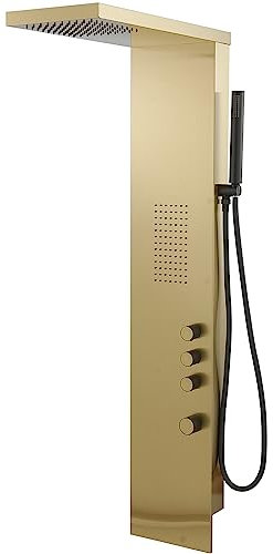 Bathfinesse Gold Shower Tower Bathroom Shower Panel System with Body Jet Massage High Pressure Large Area Shower Fixtures Rainfall Hand Shower, Brushed Gold