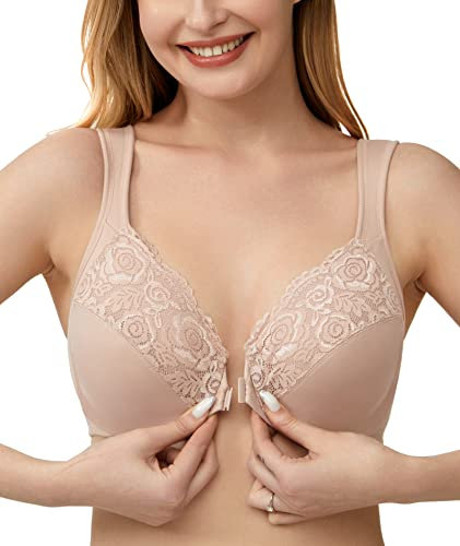 Lemorosy Damen Vollschalen Ungepolster Bügel BH Vorne Vershcluss T-Shirt BH Komfort Große Größen U-Rücken Rosenspitze(Beige,90C)