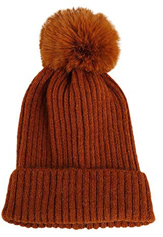 YUE Kaschmir Mütze Damen Winter warme Strickmütze Double Fleece Line Warm Thermal Beanie Mütze mit Kunstpelz Bommel Kaschmir Winterhüte Wollmütze Longbeanie für Alle Jahreszeiten (Orange, One Size)
