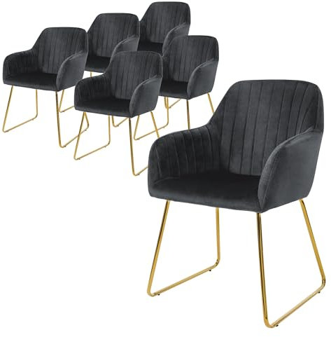 ML-Design Esszimmerstühle 6er Set, Sitzfläche aus Samt, Grau, Wohnzimmerstuhl mit Rücken- und Armlehnen, Küchenstuhl Gold Beine, Polsterstuhl mit Metallgestell, Ergonomische Sessel für Esstisch