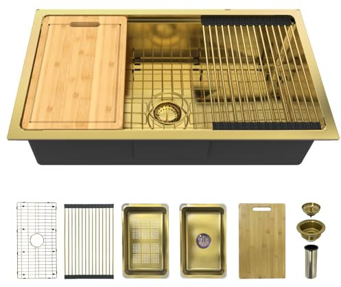 Gold Kitchen Sink Workstation, 32x 18 Stainless Steel Single Bowl Kitchen Sink Workstation Undermount Or Top mount Workstation Sink With Matching Gold-tone Accessories For Luxurious Modern Kitchen