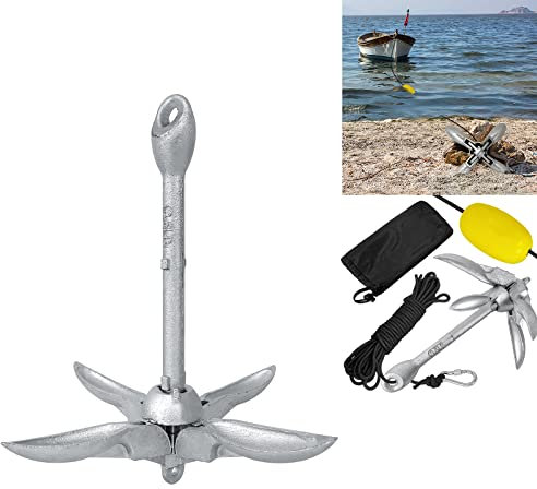 FIVMEN Bootsanker 1.5KG Anker Boot Tragbarer Faltanker mit 10m Seil und Kletterschnalle Boot Zubehör für SUP Schlauchboote Kajaks Paddelboards