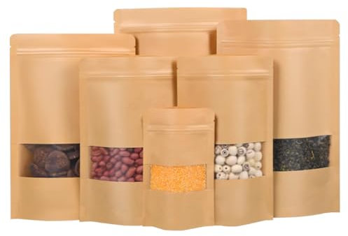 Gozmy Reusable Brown Kraft Bags with Window, 11x17cm, 50pcs, Waterproof Film, Kraft Paper, Food Grade Membrane, Press Closure (Heat-Sealed), Perfect for Storing Nuts, Coffee Beans, Tea Leaves, Snacks