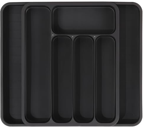 BEWOS Cutlery Drawer Organiser, Kitchen Adjustable Utensil Drawer Organiser, Deeper & Expandable, Plastic kitchen drawer organiser Insert for Knives, Forks and Spoons, Large, Black
