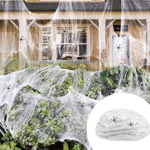 TUZHE Halloween Deko Spinnennetz 200g, Halloween Horror deko Outdoor und Drinnen mit 40 Schwarz Spinnen und 12 Fledermaus 1000m²Indoor Groß Spiderweb gruselig Decoration