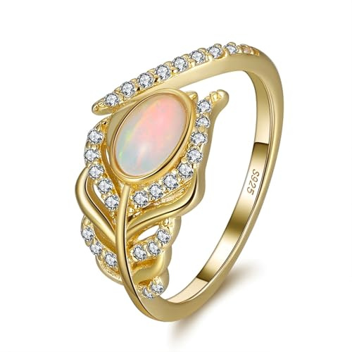 HeyMeili Flügel Feder Ring mit Zirkonia 925 Sterling Silber Vergoldet Natürlicher Opal Ring Verstellbare Ringe Schmuck Damen Mädchen Frauen