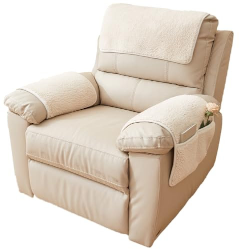 QSZTJJ Sofa Armlehnenbezüge, Sesselschoner Sesselauflage, Fernsehsessel Schutzbezug Anti-Rutsch, Sesselauflage mit Armlehnen und Taschen für Zuhause mit Kindern und Haustieren Hund (Beige,3 Sitzer)