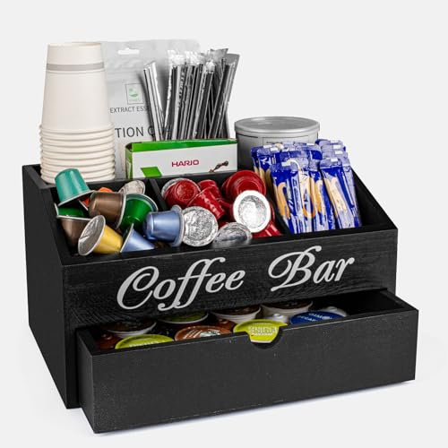 Guolich Kaffee Organizer-Tee Aufbewahrung,Kaffee Zubehör-Schubladenboxen Teebeutel Aufbewahrungsbox,Kaffeepads Aufbewahrung,Kaffeebar für Milch,Servietten, Kaffeekapseln,Zuckersticks (Schwarz)