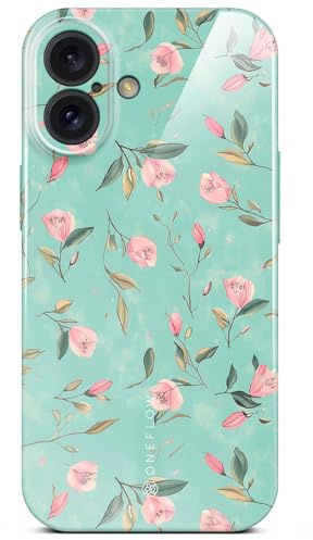 ONEFLOW Flower Cover für iPhone 16 Hülle in Floral Optik, Blumen Designer Case Handy Schutzhülle mit Kameraschutz, Hardcase dünne Handyhülle Blumenmuster, Mintgrün