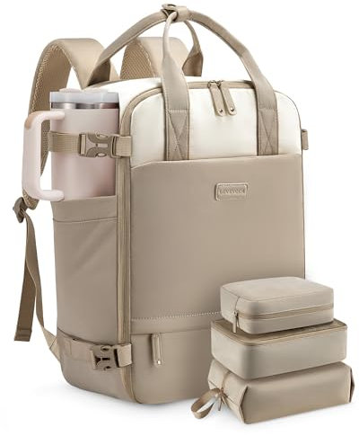 LOVEVOOK Reiserucksack Damen Groß Handgepäck Rucksack Flugzeug 17.3 Zoll Laptop Travel Backpack Women Weekender Reisetasche Wasserdicht Carry On Cabin Luggage Bag für Business Reise Urlaub Beige Khaki