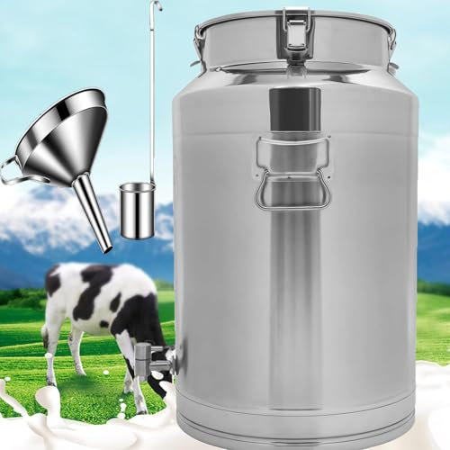 HEFJIAYCIQ Pots Alimentaires en Acier Inoxydable 304, Distributeur De Boissons Glacées avec Robinet, Pot À Lait pour La Maison, La Ferme, La Cuisine,Argent,20L/5.2Gallon
