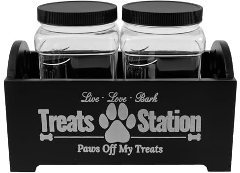 Dog Treat Container Wooden Dog Food Storage Container with 2 Plastic Jars Farmhouse Cat Treats Canned Organizer Practical Pet Treat Storage Organizer for Pet Owners and Lovers (Black)