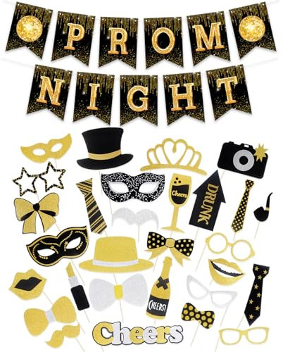 Cartel de noche de graduación y 30 piezas de accesorios para cabina de fotos de fiesta, accesorios de fotos de graduación con purpurina para decoraciones de graduación 2025, suministros de fiesta