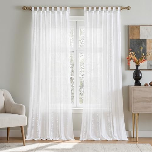 TOPICK Gardinen mit Schlaufen Vorhänge Spitze 2er Set H245xB140 Weiß | Voile Spitze Lace Stores Vorhänge für Wohnzimmer Schlafzimmer Bauernhaus Transparent Landhausstil Modern Fenstergardinen