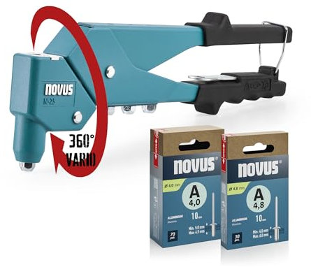 NOVUS TOOLS Blindnietzange N-25 Vario Set mit 100 Blindnieten, Nietenzange aus Aluminium mit 360° Schwenkkopf, 1-Hand-Bedienung, ergonomische Griffgestaltung, Rückholfeder