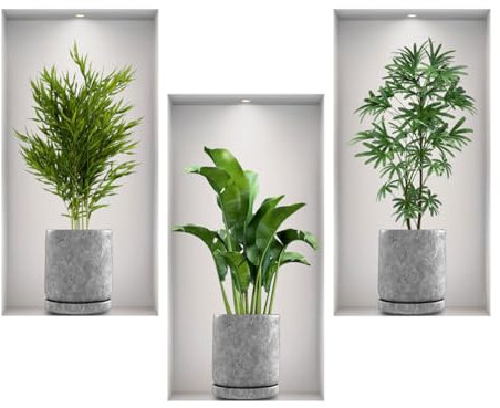 Auriselle 3 piezas 23 * 45 cm Adhesivos decorativos pared macetas verdes, flores y jarrones - Decoración adhesiva 3D pared plantas y hojas verdes - Cuadro moderno para salón, oficina, hotel, cocina