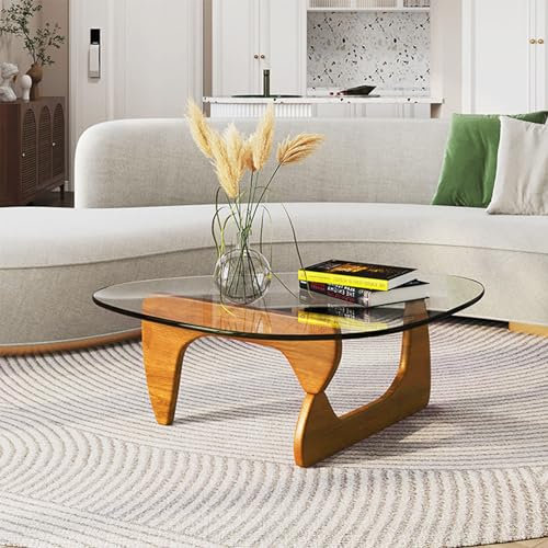 Table basse, table de salon, en verre, triangle, en bois, table basse pour canapé, chambre à coucher, cadre en bois solide noyer + transparent, 91 × 65 × 40 cm
