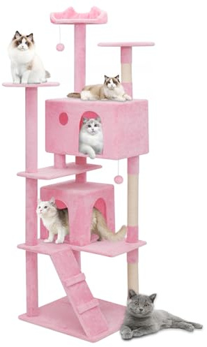 Athena Collection Moderner Katzenbaumturm, 190 cm hoch, Katzenbaum, Kletterturm mit Kratzbaum, 2 Condo Multi-Level-Aktivitätszentrum und Spielball für den Innenbereich, groß, Erwachsene, Rosa