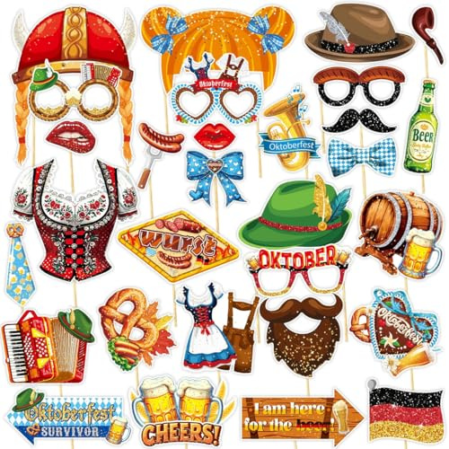 GGUFAY Foto Requisiten Party Deko für Karneval, Oktoberfest Photo Booth Props Lustige Bayrisch Fotorequisiten Booth Requisiten Bayrische Deko Party Aktivität Okotberfest Fotoaccessoires, 30 Stuck
