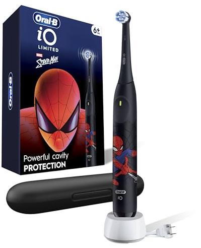 Oral-B iO Kids Limited Rechargeable Electric Powered Toothbrush, Spiderman with 1 Gentle Care Brush Head - Automatic Pressure Sensor to Protect Gums - 3 Cleaning Settings - 2 Min Music Timer