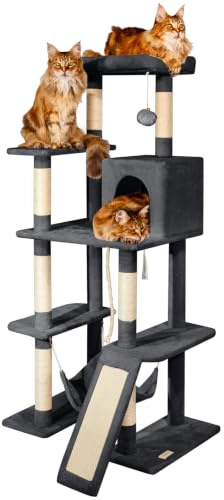 PAITSY Arbre a Chat XL, Griffoir pour Chat, Perchoir, Niche, Hamac, Balle, Colonnes en Sisal, Peluche, Hauteur 160 cm, Gris foncé, Garantie 5 Ans