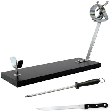 Fackelmann Set Soporte Jamonero Giratorio XXL, 48x34 cm, Especial Jamones Grandes, Incluye Cuchillo Jamonero 23/34 cm y Chaira