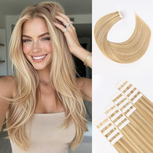 Tape in Extensions Echthaar 20pcs Tape Extensions Echthaar 45cm Aschblond mit Platinblond Echthaar Extensions Tape Invisible Echthaar Extension Skin Weft Haarverlängerung 50g(18inch,P18/613#)