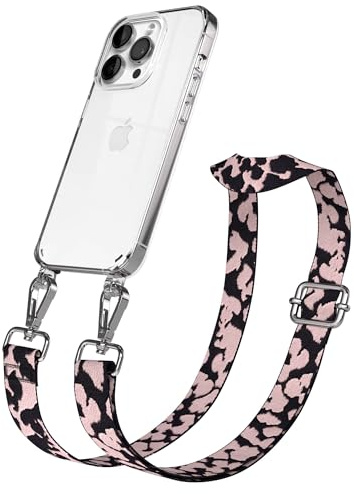 EAZY CASE Handykette - Verstellbares Taschenband kompatibel mit iPhone 14 Pro, Schulterriemen, Handykordel mit Silikon Hülle, Umhängetasche, Rosa Camouflage Silber