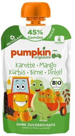 Pumpkin Organics Quetschie, Karotte, Mango, Kürbis, Birne, Dinkel, 100g