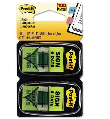 Sign and Date Message Flag, 1 quot;x1-3/4 quot;, 100/PK, Green by Post-it® Flags