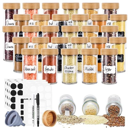 elagel Gewürzgläser Rund mit Streueinsatz - 30er Set 120ml Gewürzdosen Hochwertigem Holzdeckel aus Bambus Gewürzgläser - Gewürzstreuer Glas mit Streuer-Aufsätze,Trichter,Etiketten - Spice Jars